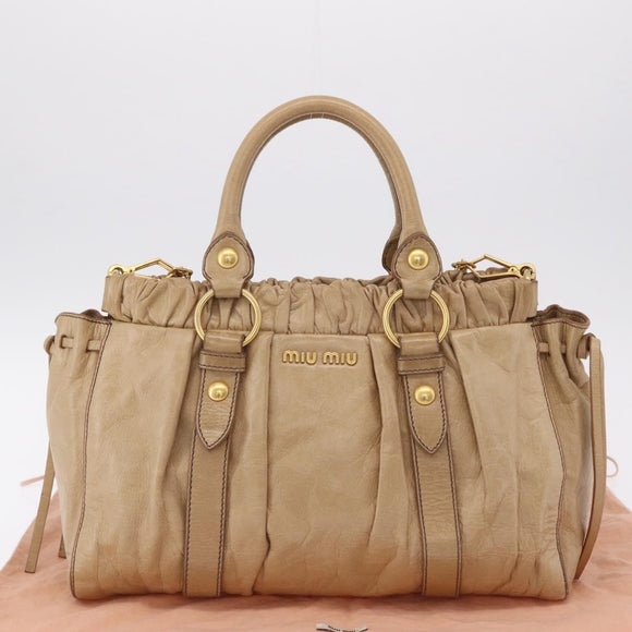 Miu Miu Hand Bag Leather 2way Beige Gold Auth 167736M