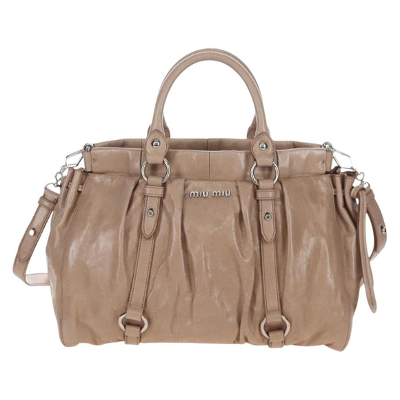 Miu Miu Hand Bag Leather 2way Beige Silver Auth 167745M