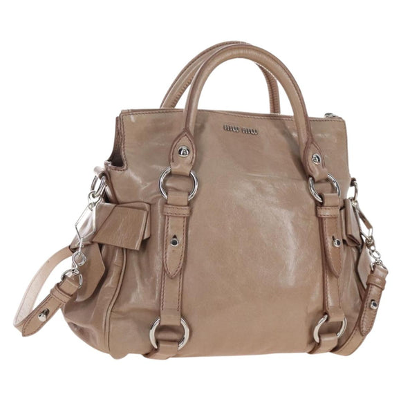 Miu Miu Hand Bag Leather 2way Beige Silver Auth 167764M