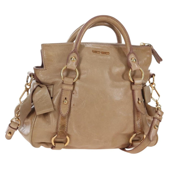 Miu Miu Hand Bag Leather 2way Beige Silver Auth 167765M
