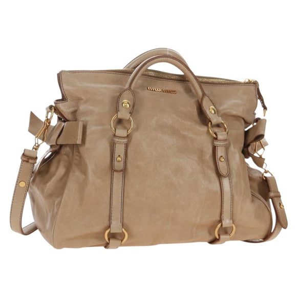 Miu Miu Hand Bag Leather 2way Beige Gold Auth 167766M