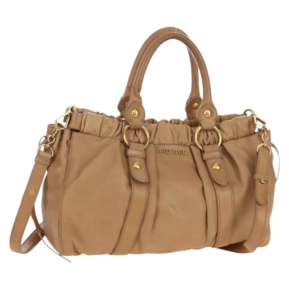 Miu Miu Hand Bag Leather 2way Beige Gold Auth 167767M