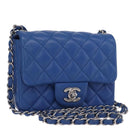 CHANEL Chain Mini Matelasse Shoulder Bag Lamb Skin Blue Silver CC Auth 167777SM-1