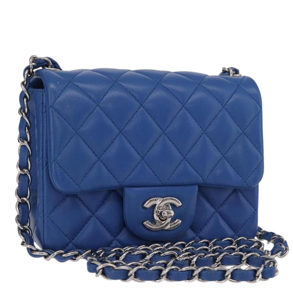 CHANEL Chain Mini Matelasse Shoulder Bag Lamb Skin Blue Silver CC Auth 167777SM