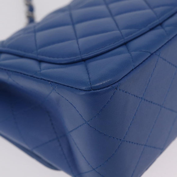 CHANEL Chain Mini Matelasse Shoulder Bag Lamb Skin Blue Silver CC Auth 167777SM