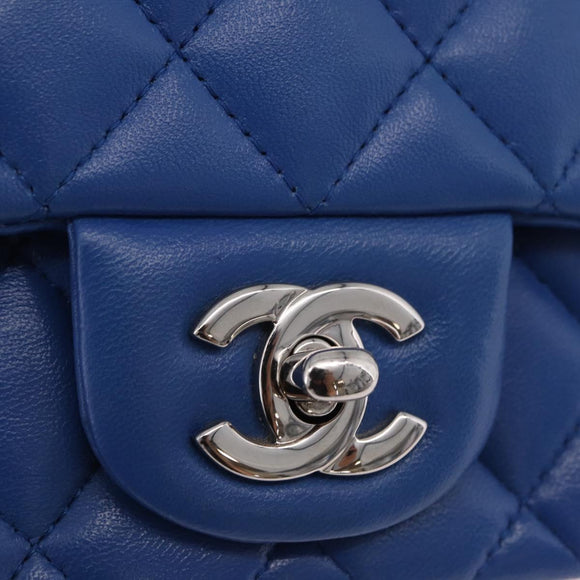CHANEL Chain Mini Matelasse Shoulder Bag Lamb Skin Blue Silver CC Auth 167777SM