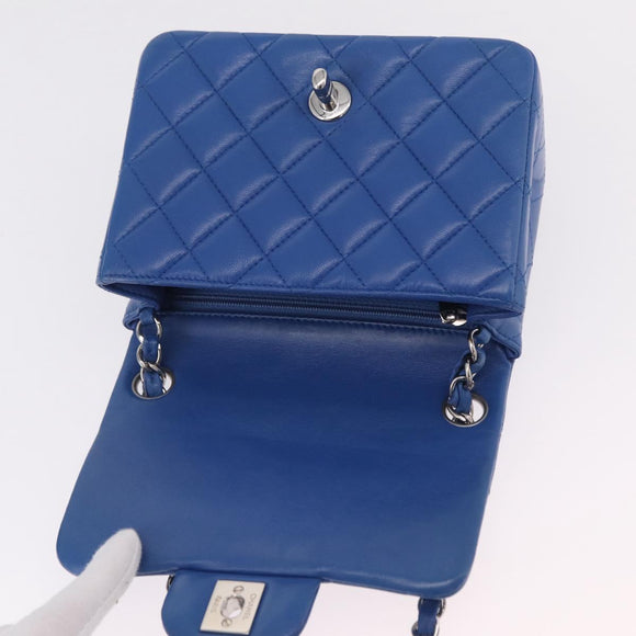 CHANEL Chain Mini Matelasse Shoulder Bag Lamb Skin Blue Silver CC Auth 167777SM