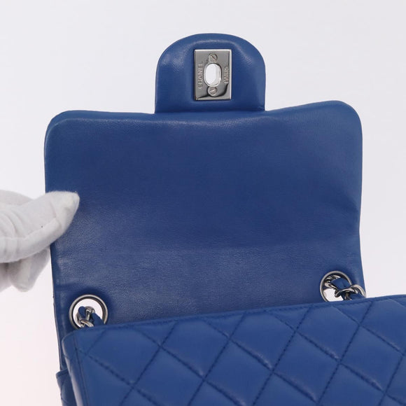 CHANEL Chain Mini Matelasse Shoulder Bag Lamb Skin Blue Silver CC Auth 167777SM