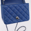 CHANEL Chain Mini Matelasse Shoulder Bag Lamb Skin Blue Silver CC Auth 167777SM-19