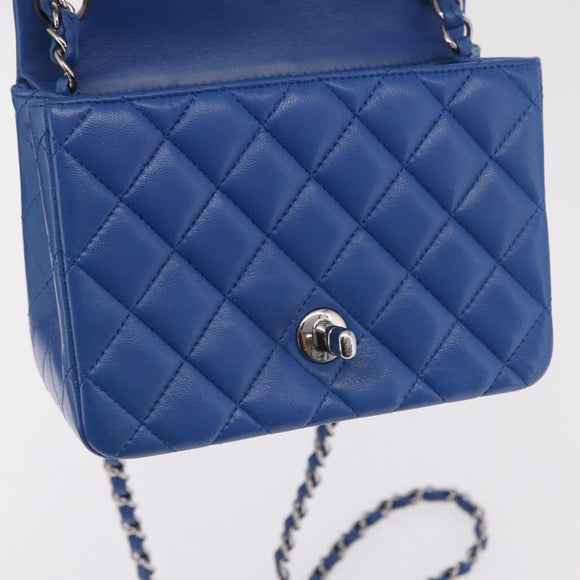 CHANEL Chain Mini Matelasse Shoulder Bag Lamb Skin Blue Silver CC Auth 167777SM