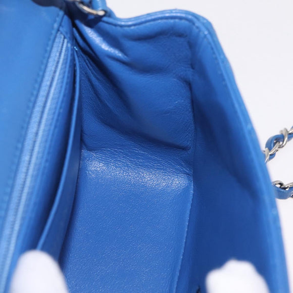 CHANEL Chain Mini Matelasse Shoulder Bag Lamb Skin Blue Silver CC Auth 167777SM