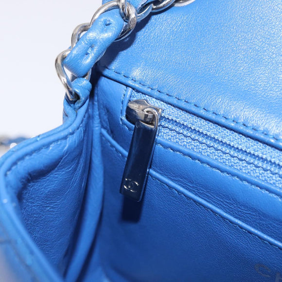 CHANEL Chain Mini Matelasse Shoulder Bag Lamb Skin Blue Silver CC Auth 167777SM