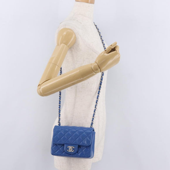 CHANEL Chain Mini Matelasse Shoulder Bag Lamb Skin Blue Silver CC Auth 167777SM