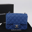CHANEL Chain Mini Matelasse Shoulder Bag Lamb Skin Blue Silver CC Auth 167777SM-31