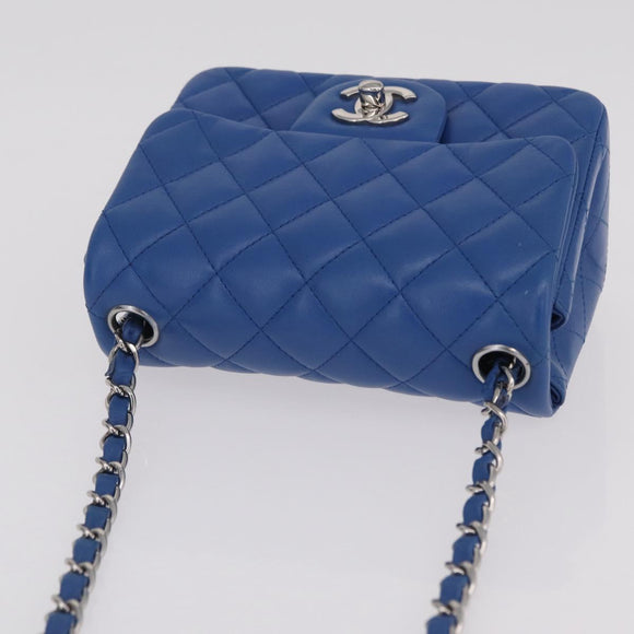 CHANEL Chain Mini Matelasse Shoulder Bag Lamb Skin Blue Silver CC Auth 167777SM