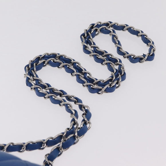 CHANEL Chain Mini Matelasse Shoulder Bag Lamb Skin Blue Silver CC Auth 167777SM
