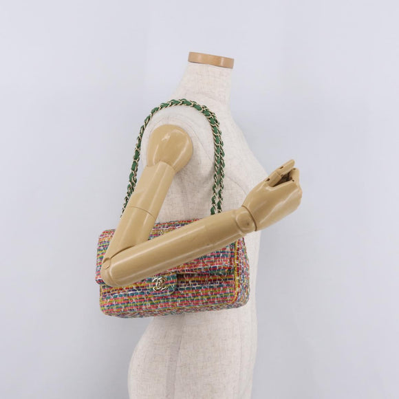 CHANEL Chain Matelasse 25 Shoulder Bag tweed Multicolor Gold CC Auth 167778SM