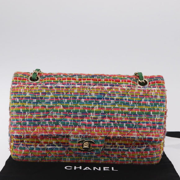 CHANEL Chain Matelasse 25 Shoulder Bag tweed Multicolor Gold CC Auth 167778SM