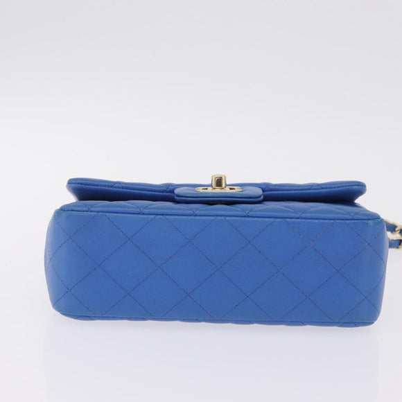 CHANEL Mini Matelasse Chain Shoulder Bag Lamb Skin Blue Gold CC Auth 167780SAM