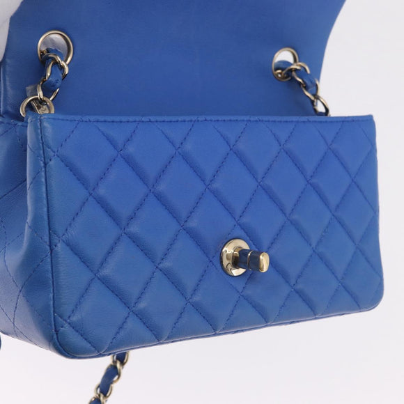 CHANEL Mini Matelasse Chain Shoulder Bag Lamb Skin Blue Gold CC Auth 167780SAM