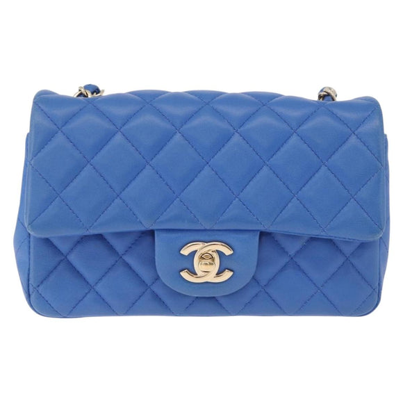 CHANEL Mini Matelasse Chain Shoulder Bag Lamb Skin Blue Gold CC Auth 167780SAM