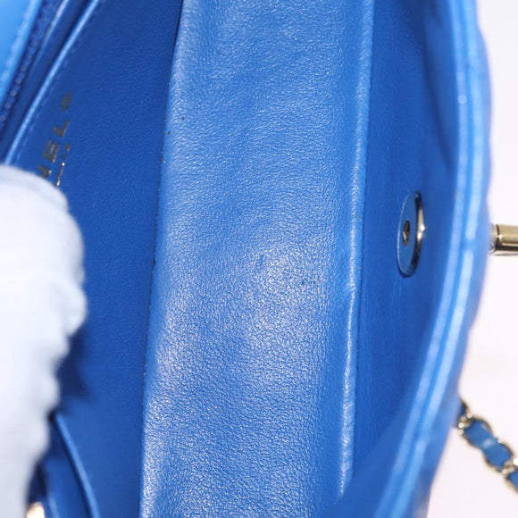 CHANEL Mini Matelasse Chain Shoulder Bag Lamb Skin Blue Gold CC Auth 167780SAM