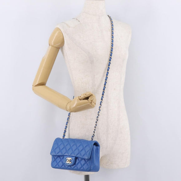 CHANEL Mini Matelasse Chain Shoulder Bag Lamb Skin Blue Gold CC Auth 167780SAM