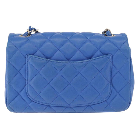 CHANEL Mini Matelasse Chain Shoulder Bag Lamb Skin Blue Gold CC Auth 167780SAM