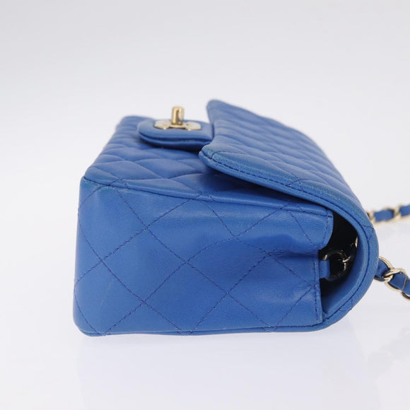 CHANEL Mini Matelasse Chain Shoulder Bag Lamb Skin Blue Gold CC Auth 167780SAM