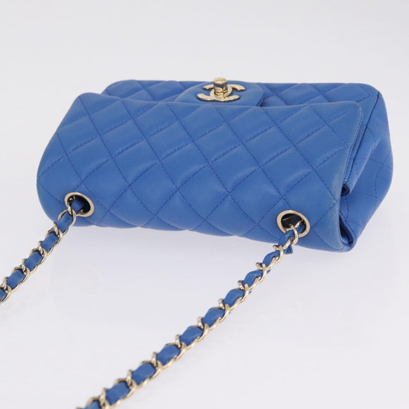 CHANEL Mini Matelasse Chain Shoulder Bag Lamb Skin Blue Gold CC Auth 167780SAM