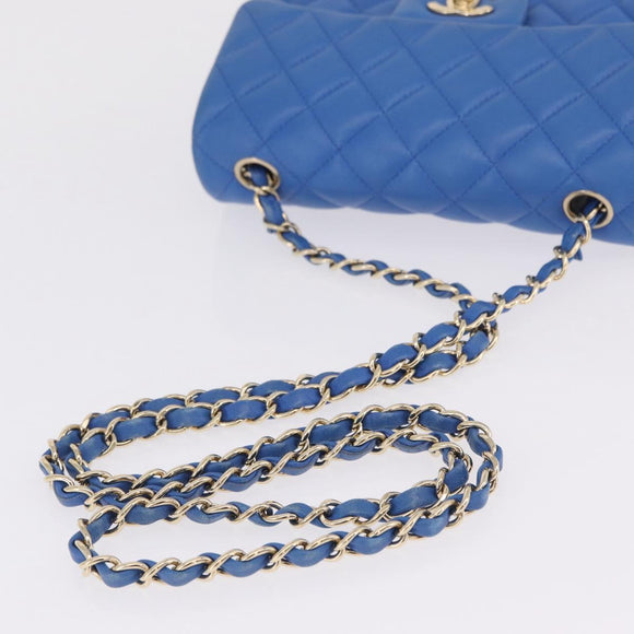 CHANEL Mini Matelasse Chain Shoulder Bag Lamb Skin Blue Gold CC Auth 167780SAM