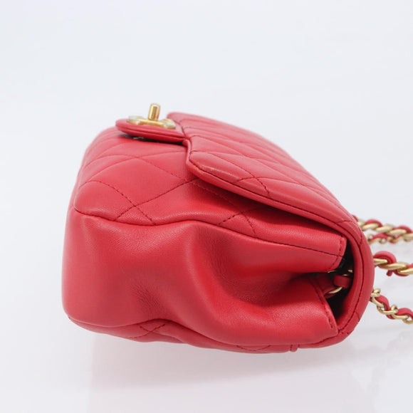 CHANEL Matelasse25 Hand Bag Lamb Skin 2way Red Gold CC Auth 167820SAM