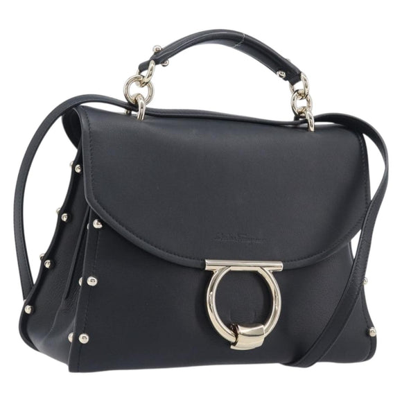Salvatore Ferragamo Gancini Hand Bag Leather 2way Black Gold Auth 167828V
