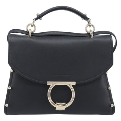 Salvatore Ferragamo Gancini Hand Bag Leather 2way Black Gold Auth 167828V - 0