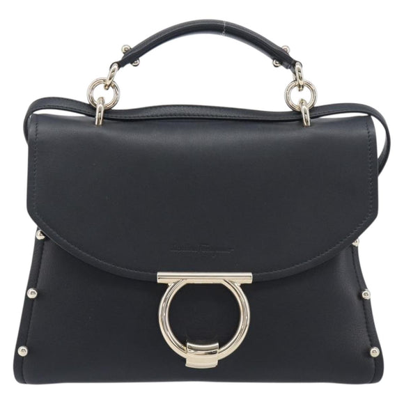 Salvatore Ferragamo Gancini Hand Bag Leather 2way Black Gold Auth 167828V