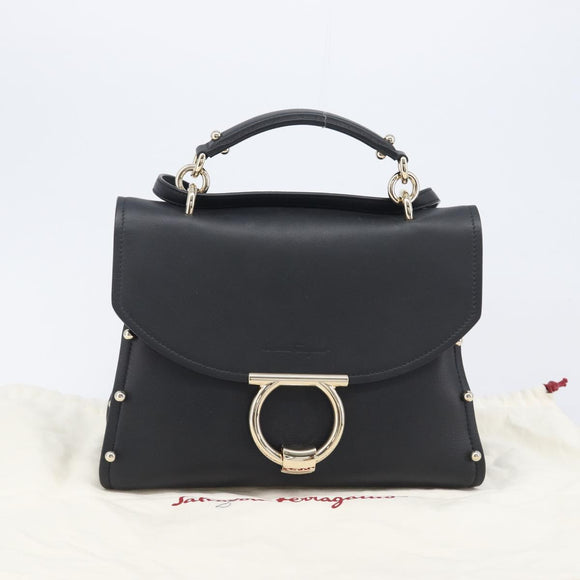 Salvatore Ferragamo Gancini Hand Bag Leather 2way Black Gold Auth 167828V