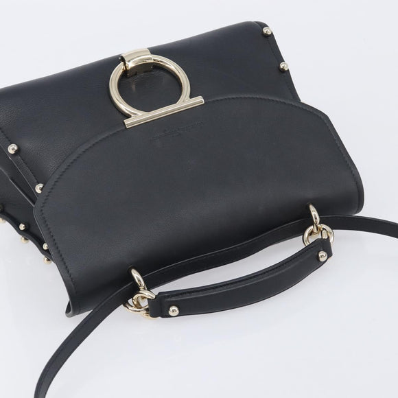 Salvatore Ferragamo Gancini Hand Bag Leather 2way Black Gold Auth 167828V
