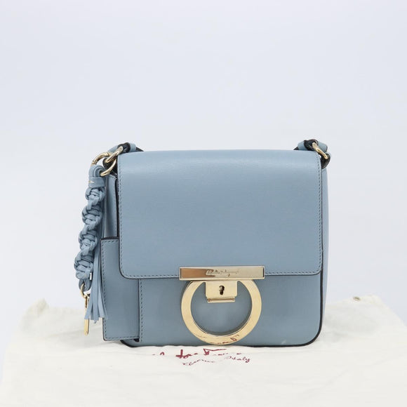 Salvatore Ferragamo Gancini Shoulder Bag Leather Light Blue Gold Auth 167830V