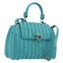 Salvatore Ferragamo Gancini Hand Bag Rattan Turquoise Blue Gold Auth 167831V-1