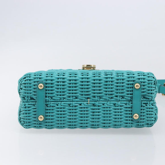 Salvatore Ferragamo Gancini Hand Bag Rattan Turquoise Blue Gold Auth 167831V