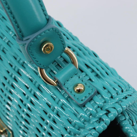 Salvatore Ferragamo Gancini Hand Bag Rattan Turquoise Blue Gold Auth 167831V