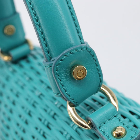 Salvatore Ferragamo Gancini Hand Bag Rattan Turquoise Blue Gold Auth 167831V