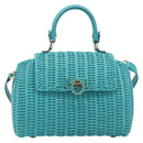 Salvatore Ferragamo Gancini Hand Bag Rattan Turquoise Blue Gold Auth 167831V-2