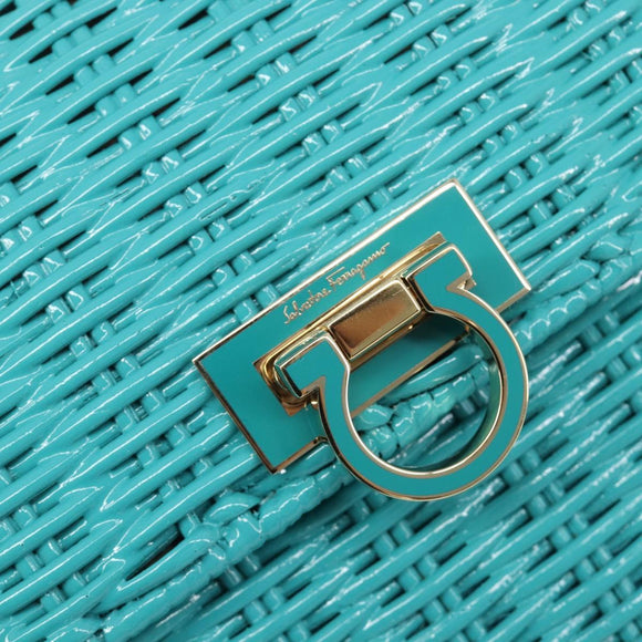 Salvatore Ferragamo Gancini Hand Bag Rattan Turquoise Blue Gold Auth 167831V