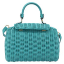 Salvatore Ferragamo Gancini Hand Bag Rattan Turquoise Blue Gold Auth 167831V-3