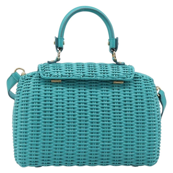 Salvatore Ferragamo Gancini Hand Bag Rattan Turquoise Blue Gold Auth 167831V