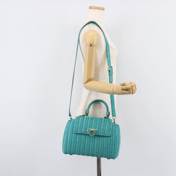 Salvatore Ferragamo Gancini Hand Bag Rattan Turquoise Blue Gold Auth 167831V