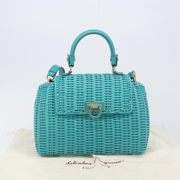 Salvatore Ferragamo Gancini Hand Bag Rattan Turquoise Blue Gold Auth 167831V