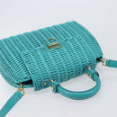 Salvatore Ferragamo Gancini Hand Bag Rattan Turquoise Blue Gold Auth 167831V-6