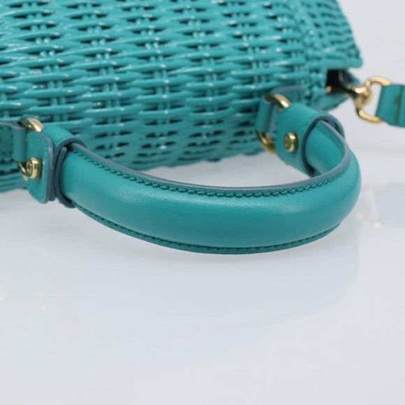 Salvatore Ferragamo Gancini Hand Bag Rattan Turquoise Blue Gold Auth 167831V